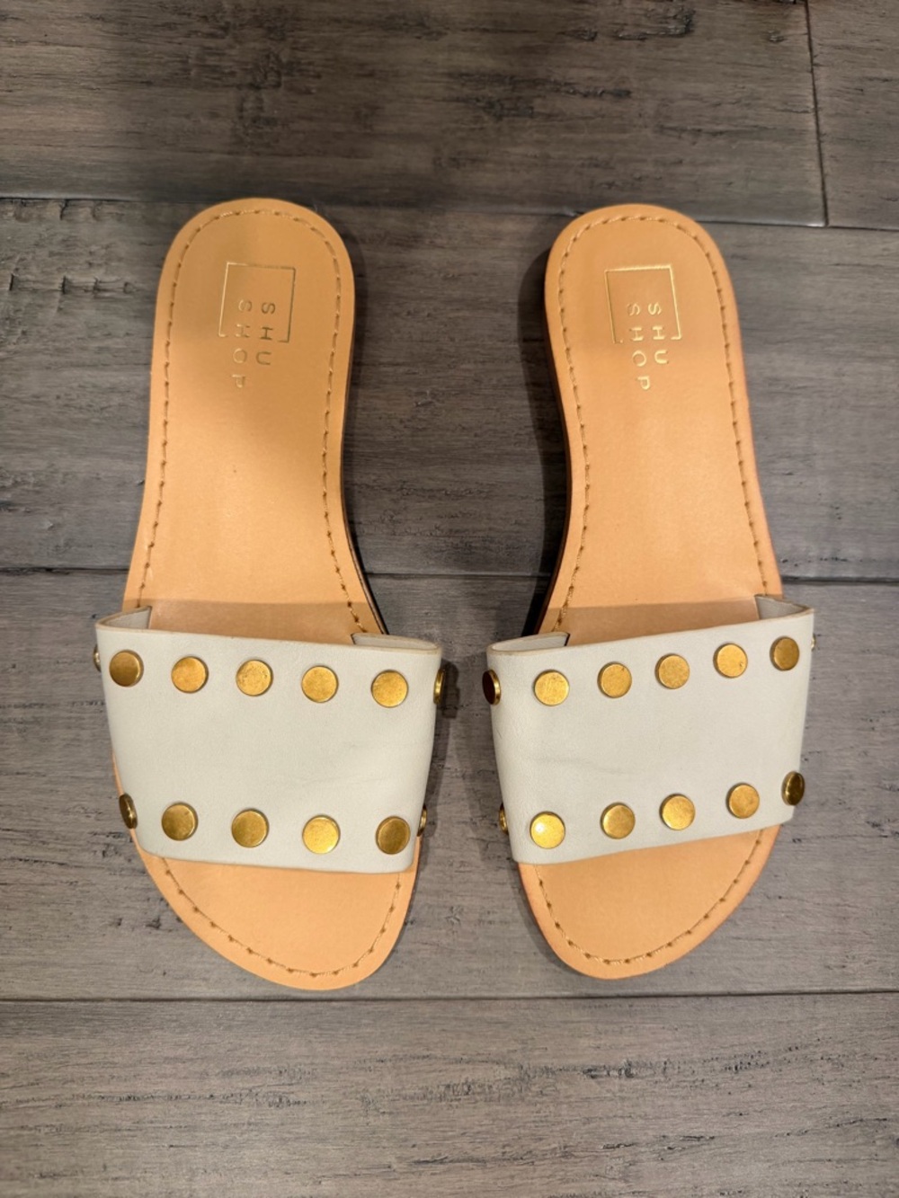 ShuShop Cream Slide Sandals with Gold Studs
